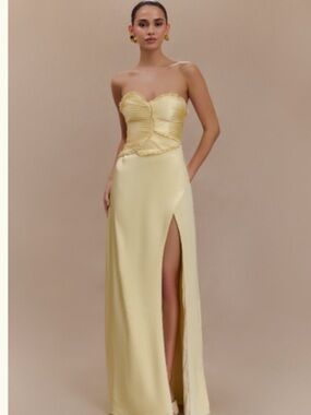 Meshki Pale Yellow Strapless Maxi Gown with High Slit